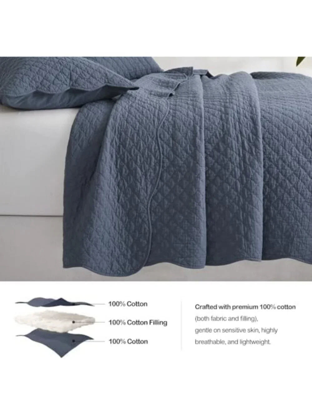 Soft Lightweight Cotton Quilt Set, Queen Size, Steel Blue, 3-Piece Bedding with